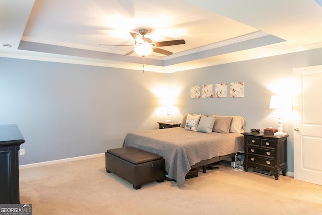 6695 Grove Meadows Ln, Cumming, GA 30028 - bedroom featuring a raised ceiling, carpet flooring, crown molding, and a ceiling fan