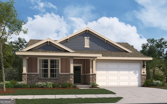 103 Gnome Ct, Perry, GA 31069 - craftsman house with stone siding, concrete driveway, an attached garage, a shingled roof, and board and batten siding