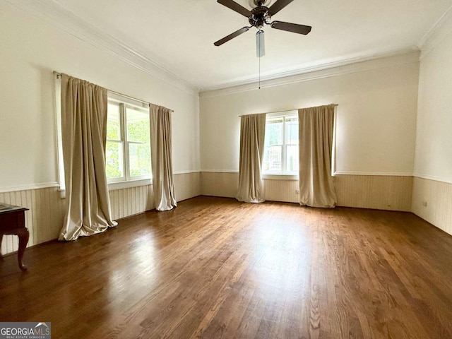 516 Longview St, Carrollton, GA 30117 - empty room with plenty of natural light, wainscoting, ornamental molding, wood finished floors, and a ceiling fan