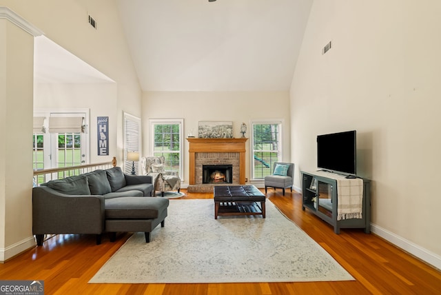 595 Mcgarity Dr, Mcdonough, GA 30252 - living area featuring high vaulted ceiling, plenty of natural light, wood finished floors, and a fireplace