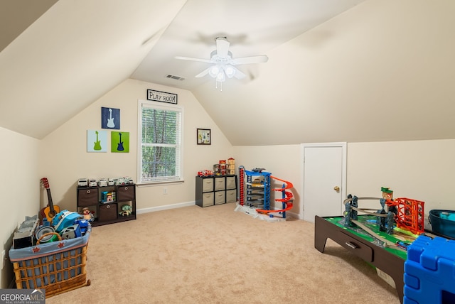 595 Mcgarity Dr, Mcdonough, GA 30252 - recreation room featuring carpet flooring, lofted ceiling, and a ceiling fan