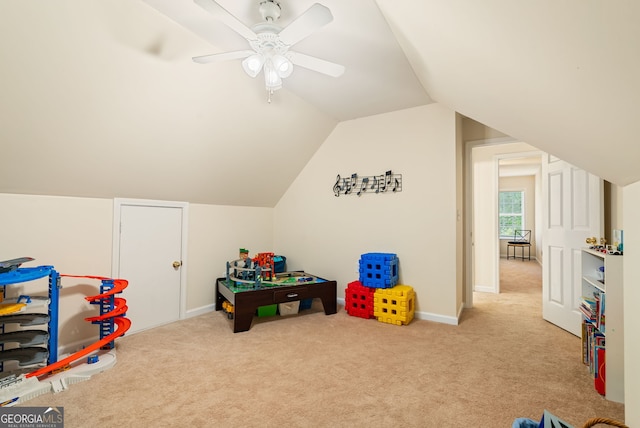 595 Mcgarity Dr, Mcdonough, GA 30252 - rec room with carpet flooring, vaulted ceiling, and ceiling fan