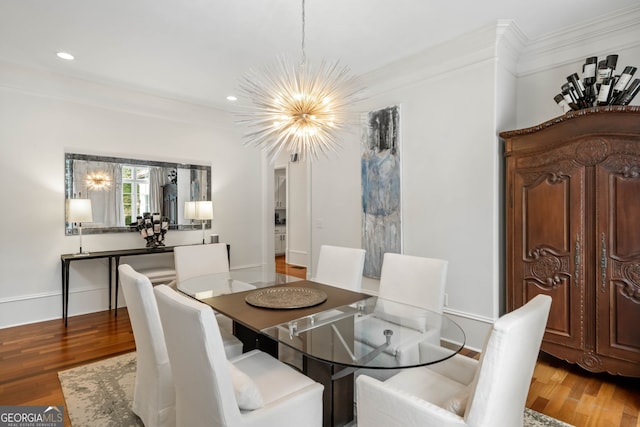 3401 Stillhouse Rd SE, Atlanta, GA 30339 - dining area featuring a chandelier, light wood finished floors, crown molding, and recessed lighting