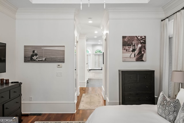 3401 Stillhouse Rd SE, Atlanta, GA 30339 - bedroom featuring ornamental molding, wood finished floors, ensuite bath, and recessed lighting