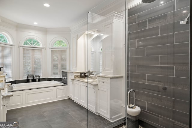 3401 Stillhouse Rd SE, Atlanta, GA 30339 - full bathroom with a shower stall, vanity, a garden tub, crown molding, and tile patterned flooring
