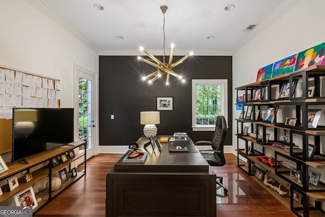 3401 Stillhouse Rd SE, Atlanta, GA 30339 - home office featuring a chandelier, crown molding, dark wood-type flooring, and recessed lighting