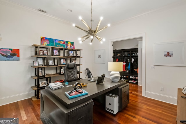 3401 Stillhouse Rd SE, Atlanta, GA 30339 - home office with a chandelier, crown molding, and dark wood-style flooring
