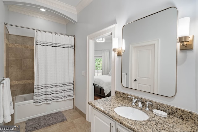3401 Stillhouse Rd SE, Atlanta, GA 30339 - bathroom with vanity, crown molding, shower / bath combo, ensuite bath, and tile patterned flooring