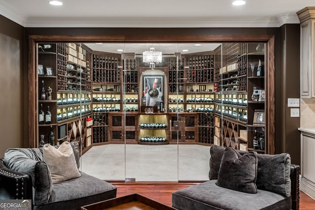 3401 Stillhouse Rd SE, Atlanta, GA 30339 - wine area featuring wood finished floors and crown molding