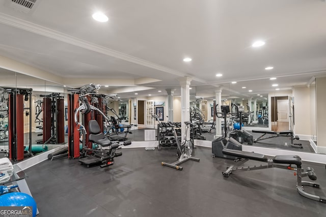 3401 Stillhouse Rd SE, Atlanta, GA 30339 - workout area featuring ornate columns, crown molding, and recessed lighting