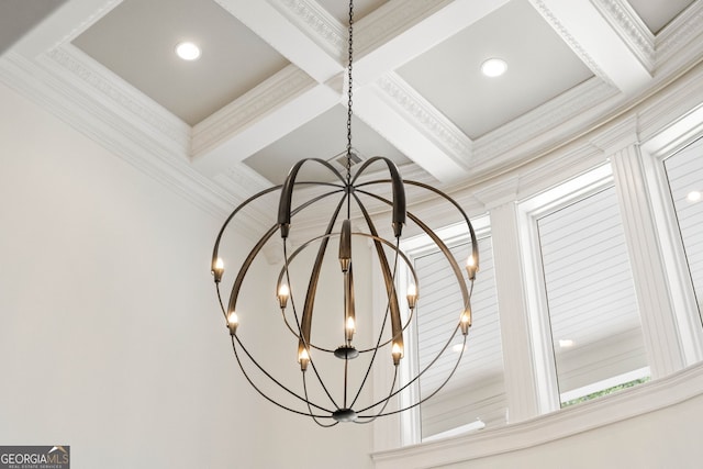 3401 Stillhouse Rd SE, Atlanta, GA 30339 - detailed view of a chandelier, coffered ceiling, crown molding, beam ceiling, and recessed lighting