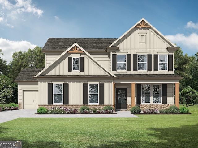1313 Pj E Rd, Covington, GA 30014 - view of front facade with board and batten siding, a front yard, driveway, a garage, and a shingled roof