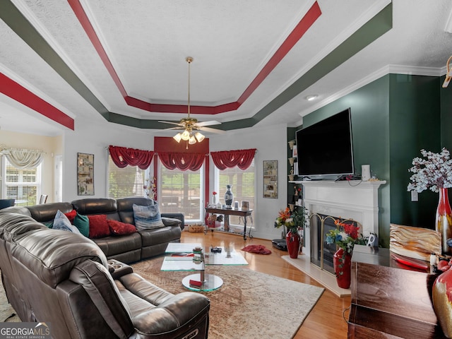 141 Wexford Ct, Stockbridge, GA 30281 - living room featuring plenty of natural light, a fireplace with raised hearth, a tray ceiling, wood finished floors, and crown molding