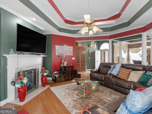 141 Wexford Ct, Stockbridge, GA 30281 - living area featuring decorative columns, wood finished floors, ornamental molding, a tray ceiling, and a fireplace with raised hearth