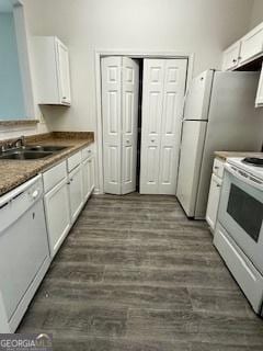 3609 Ginnis Rd SW Unit 6, Atlanta, GA 30331 - kitchen featuring white appliances, white cabinets, and dark wood finished floors