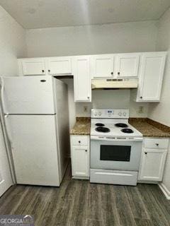 3609 Ginnis Rd SW Unit 6, Atlanta, GA 30331 - kitchen featuring white appliances, under cabinet range hood, white cabinets, and dark wood-type flooring