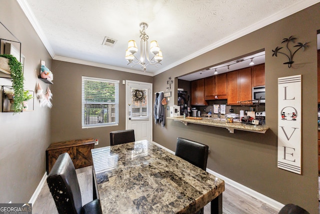 105 N River Dr Unit G, Sandy Springs, GA 30350 - dining room with a chandelier, light wood finished floors, a textured ceiling, and crown molding