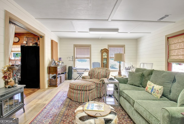 460 Morgan Mill Rd, Brooks, GA 30205 - living room with wooden walls, light wood-type flooring, and a wood stove