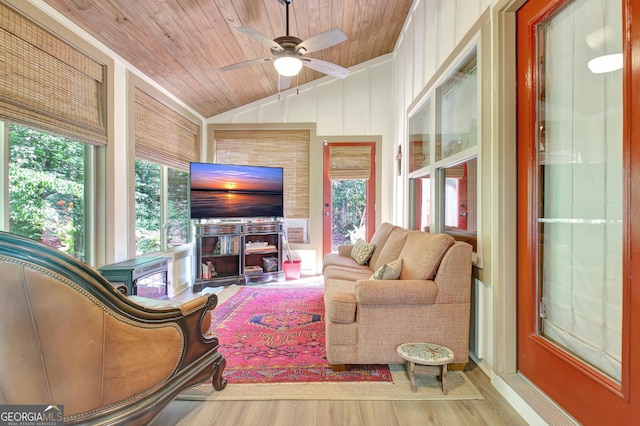 460 Morgan Mill Rd, Brooks, GA 30205 - living area featuring wooden ceiling, vaulted ceiling, wood finished floors, and a ceiling fan