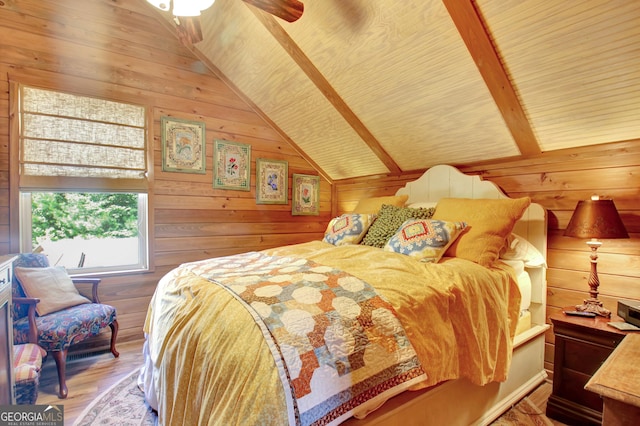 460 Morgan Mill Rd, Brooks, GA 30205 - bedroom featuring wooden walls, wood finished floors, wooden ceiling, and a ceiling fan