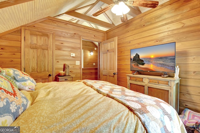 460 Morgan Mill Rd, Brooks, GA 30205 - bedroom with vaulted ceiling, wooden walls, and a ceiling fan