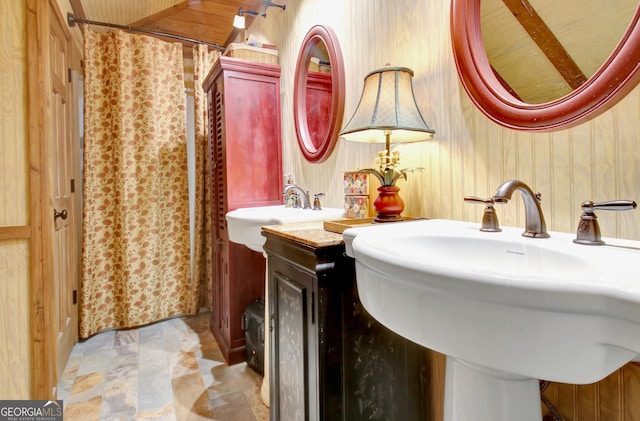 460 Morgan Mill Rd, Brooks, GA 30205 - full bath featuring a shower with curtain and wood walls