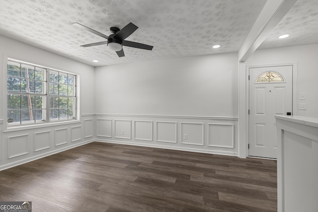 2800 Vultee Dr, Columbus, GA 31909 - empty room with recessed lighting, ceiling fan, dark wood-style floors, a textured ceiling, and wainscoting