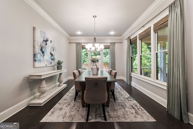 10580 Grandview Sq, Johns Creek, GA 30097 - dining room with a chandelier, crown molding, dark wood-style floors, and recessed lighting