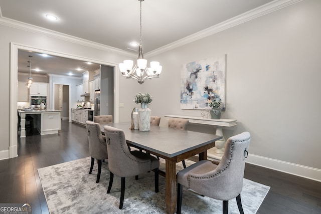 10580 Grandview Sq, Johns Creek, GA 30097 - dining space with a chandelier, dark wood-style floors, crown molding, and recessed lighting