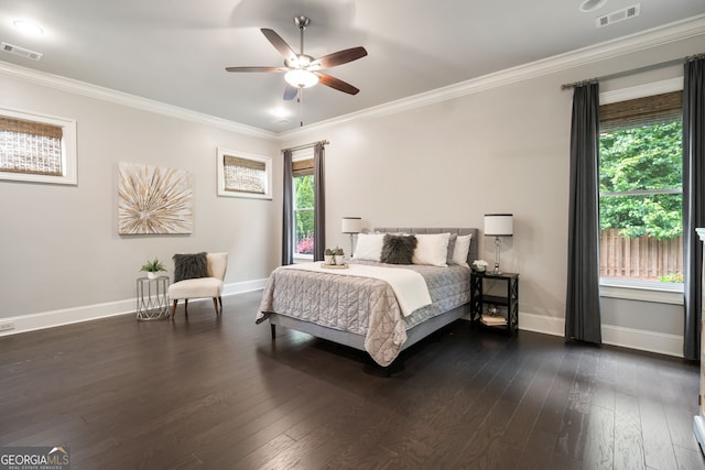 10580 Grandview Sq, Johns Creek, GA 30097 - bedroom with crown molding, dark wood-type flooring, and a ceiling fan