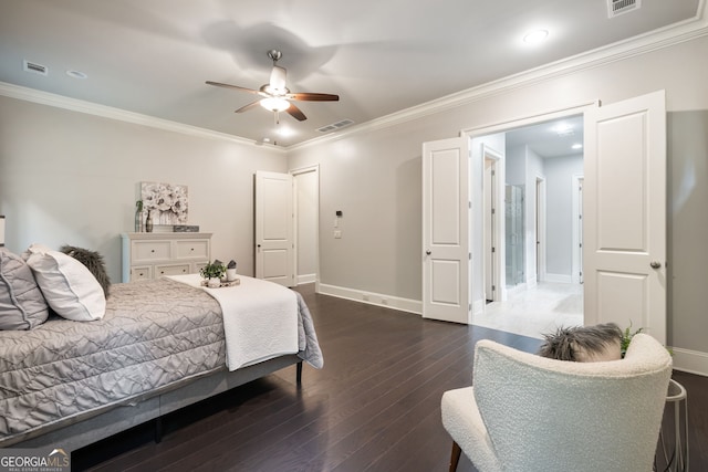 10580 Grandview Sq, Johns Creek, GA 30097 - bedroom with dark wood-style flooring, crown molding, a ceiling fan, and recessed lighting