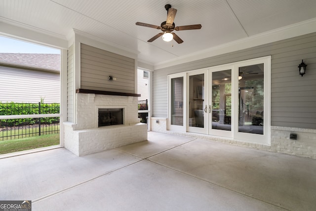 10580 Grandview Sq, Johns Creek, GA 30097 - view of patio / terrace featuring an outdoor brick fireplace, french doors, and a ceiling fan