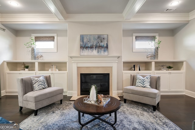 10580 Grandview Sq, Johns Creek, GA 30097 - living area with beamed ceiling, wood finished floors, and a fireplace with flush hearth