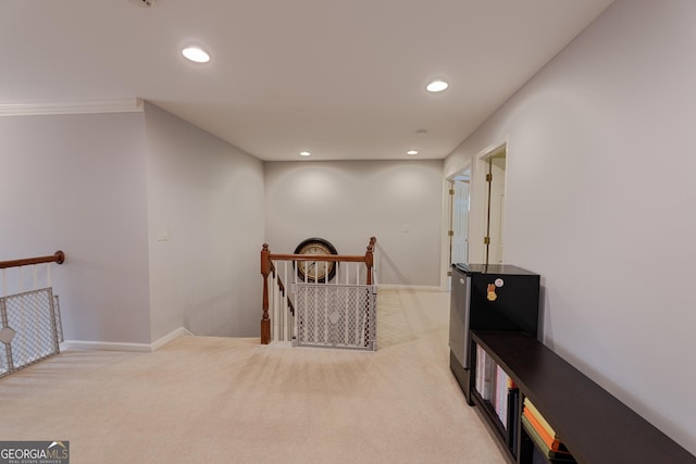 2940 Bentbill Xing, Cumming, GA 30041 - corridor with an upstairs landing, light carpet, recessed lighting, and ornamental molding