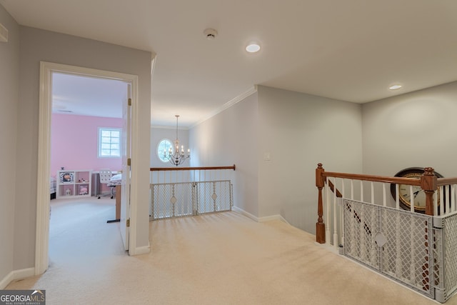 2940 Bentbill Xing, Cumming, GA 30041 - corridor featuring carpet flooring, a chandelier, an upstairs landing, ornamental molding, and recessed lighting