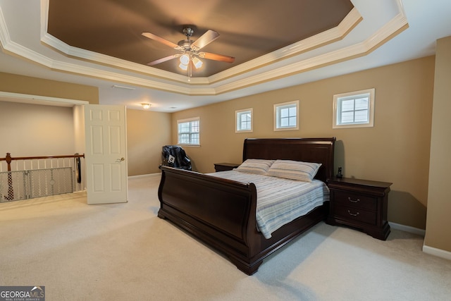 2940 Bentbill Xing, Cumming, GA 30041 - bedroom featuring a tray ceiling, light colored carpet, crown molding, and a ceiling fan