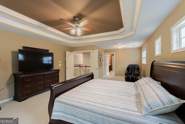 2940 Bentbill Xing, Cumming, GA 30041 - bedroom with a raised ceiling, light colored carpet, ornamental molding, and ceiling fan