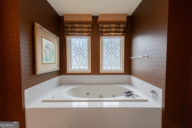 2940 Bentbill Xing, Cumming, GA 30041 - full bathroom with wallpapered walls and a tub with jets