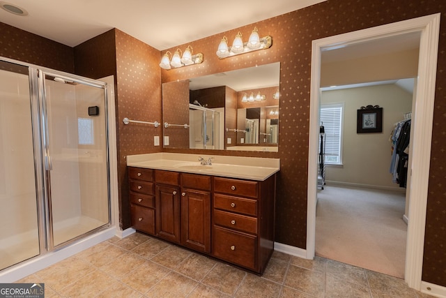 2940 Bentbill Xing, Cumming, GA 30041 - full bathroom with wallpapered walls, vanity, and a stall shower