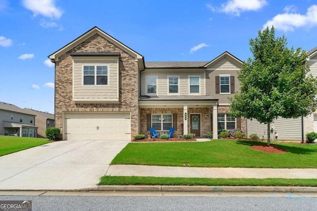 850 Ethereow Ct, Lawrenceville, GA 30046 - view of front facade with concrete driveway, a front lawn, an attached garage, brick siding, and a porch