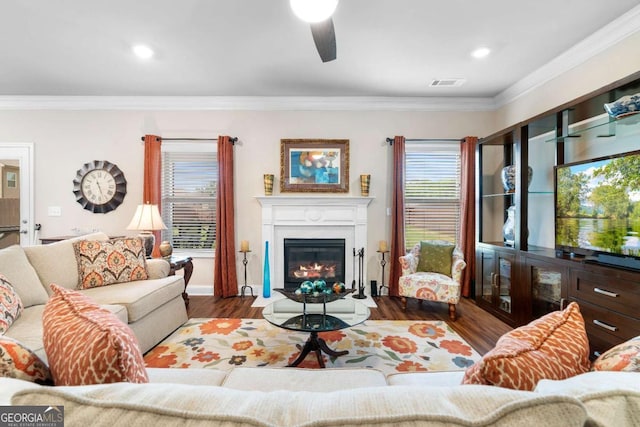 850 Ethereow Ct, Lawrenceville, GA 30046 - living room with a ceiling fan, ornamental molding, wood finished floors, a fireplace with flush hearth, and recessed lighting