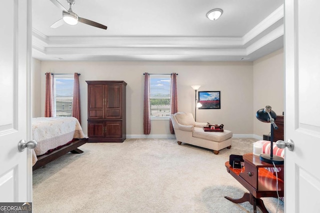 850 Ethereow Ct, Lawrenceville, GA 30046 - carpeted bedroom with crown molding, a raised ceiling, multiple windows, and ceiling fan