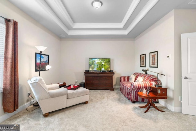 850 Ethereow Ct, Lawrenceville, GA 30046 - carpeted living area featuring crown molding and a tray ceiling