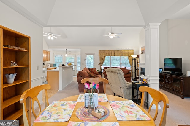 491 Brickleberry Rdg, Athens, GA 30605 - dining room with ceiling fan, light carpet, a fireplace, high vaulted ceiling, and decorative columns