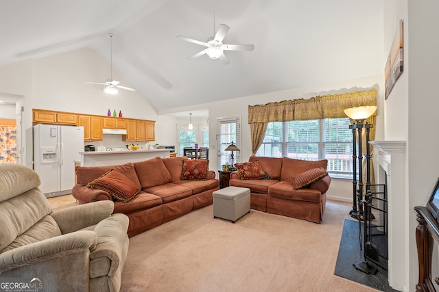 491 Brickleberry Rdg, Athens, GA 30605 - living area featuring high vaulted ceiling, ceiling fan, light carpet, healthy amount of natural light, and a fireplace with flush hearth