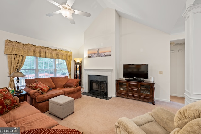491 Brickleberry Rdg, Athens, GA 30605 - carpeted living area with ceiling fan, a fireplace with flush hearth, and high vaulted ceiling