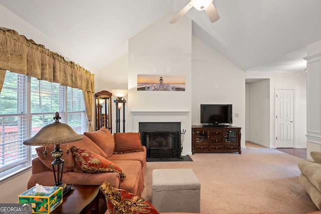 491 Brickleberry Rdg, Athens, GA 30605 - carpeted living area featuring ceiling fan and high vaulted ceiling
