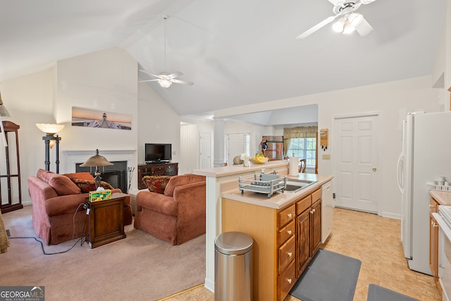491 Brickleberry Rdg, Athens, GA 30605 - kitchen featuring ceiling fan, white appliances, open floor plan, light countertops, and ornate columns