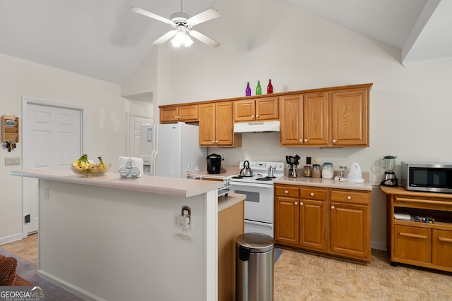 491 Brickleberry Rdg, Athens, GA 30605 - kitchen with white appliances, high vaulted ceiling, under cabinet range hood, light countertops, and ceiling fan