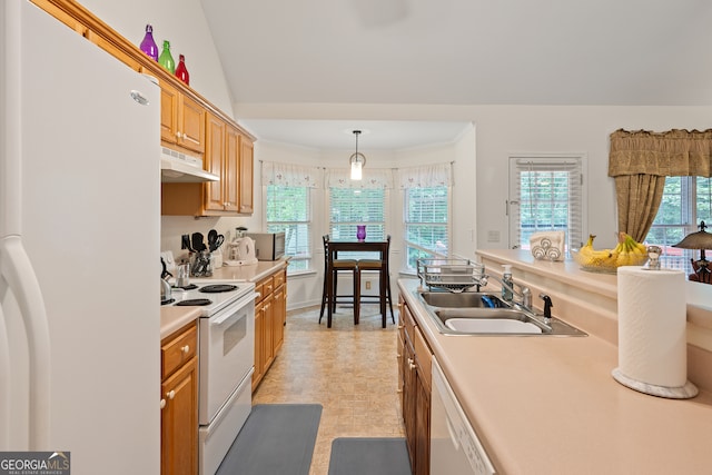 491 Brickleberry Rdg, Athens, GA 30605 - kitchen featuring white appliances, under cabinet range hood, light countertops, and decorative light fixtures